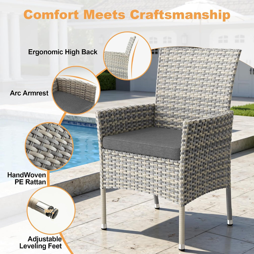 5-Piece Patio Dining Set, Patio Furniture Set with Square Tempered Glass Table & 4 Wicker Chairs, Expandable Design for Larger Groups, Outdoor Furniture for Backyard, Deck, Garden, Grey