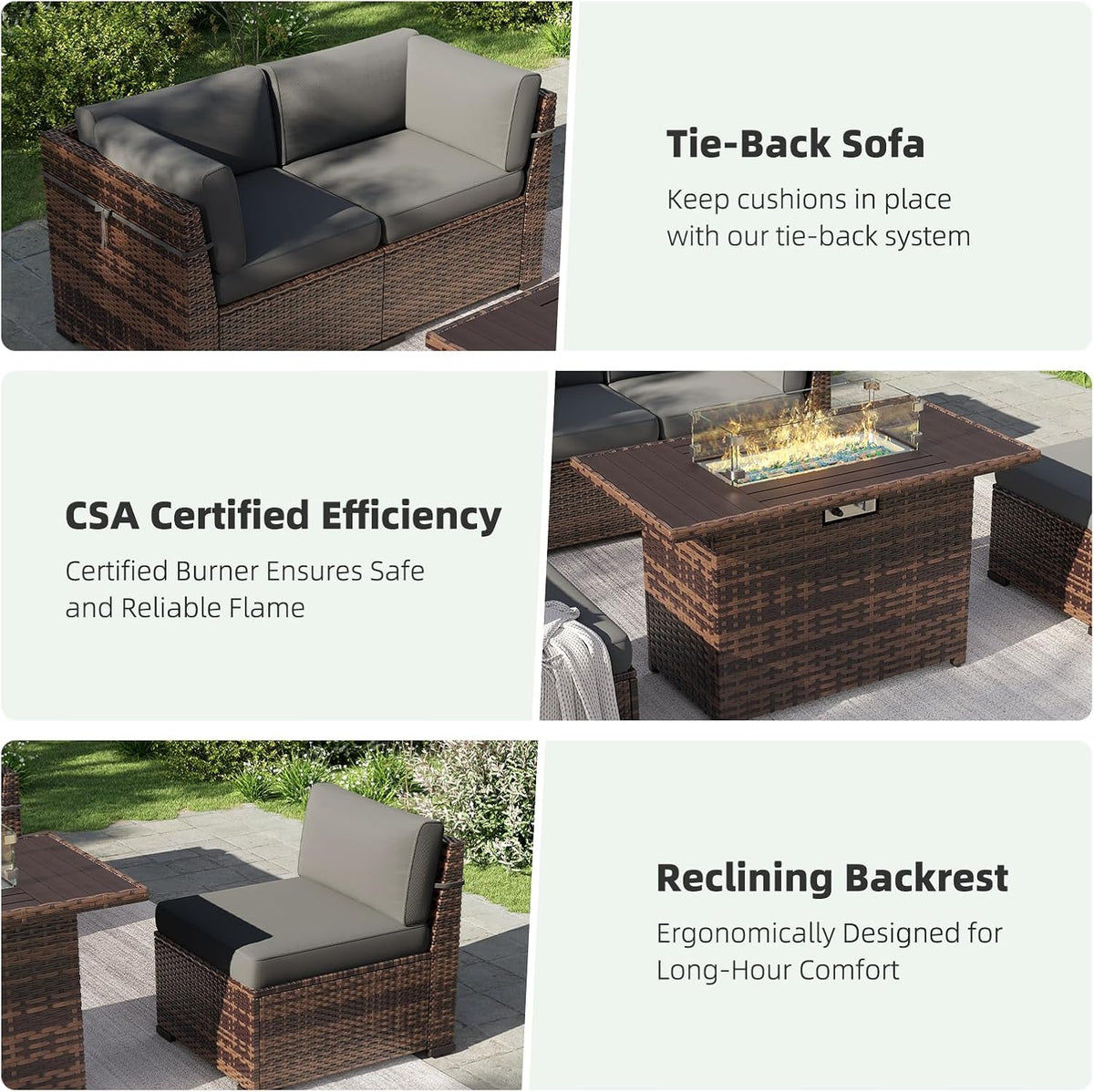 Amopatio 8-Piece Outdoor Patio Furniture Set with 44' Fire Pit Table, Modern Rattan Sectional Couch with Tempered Glass Coffee Table, Thickened Cushions and Include Waterproof Cover (Khaki)