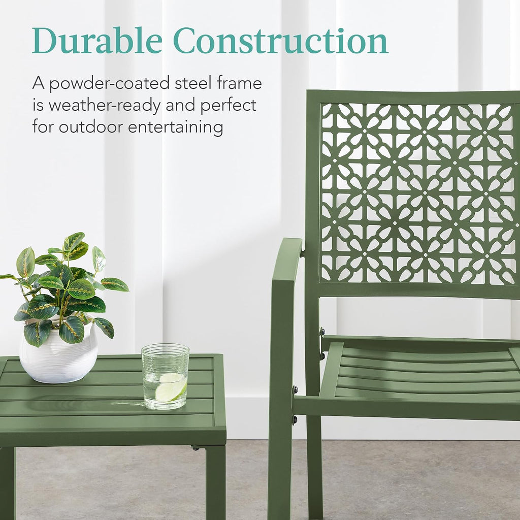 Best Choice Products 3-Piece Outdoor Bistro Set, Stackable Modern Steel Furniture for Porch, Garden w/ 2 Chairs, Table, Geometric Decor - Sage Green