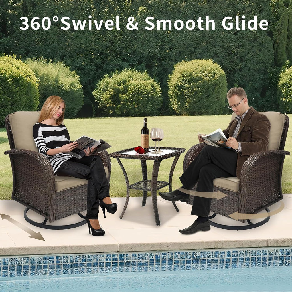 Outdoor Swivel Rocker Patio Chairs 3 Pieces，Swivel Patio Chairs with Cushions，Outdoor Swivel Rocking Chairs Set of 2 with Rattan Side Table，Patio Furniture Set for Outside Porch Deck