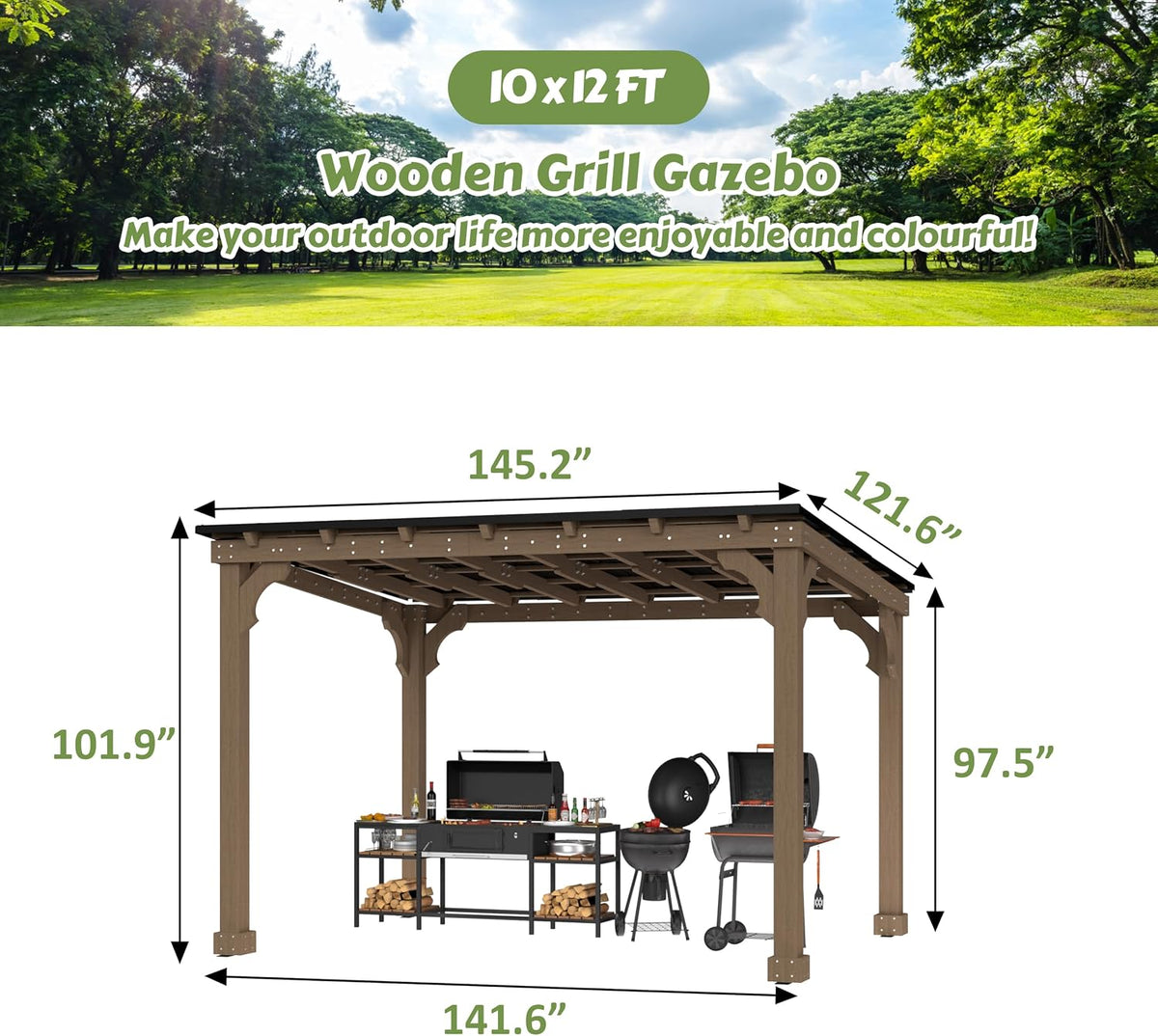 Yardenaler 10 x 12 FT Outdoor Wooden Grill Gazebo with 5.5' Width Wood Posts, Rainwater Drainage, BBQ Gazebo with Sloping Metal Roof for Barbecue, Backyard, Garden, Light Mocha Brown