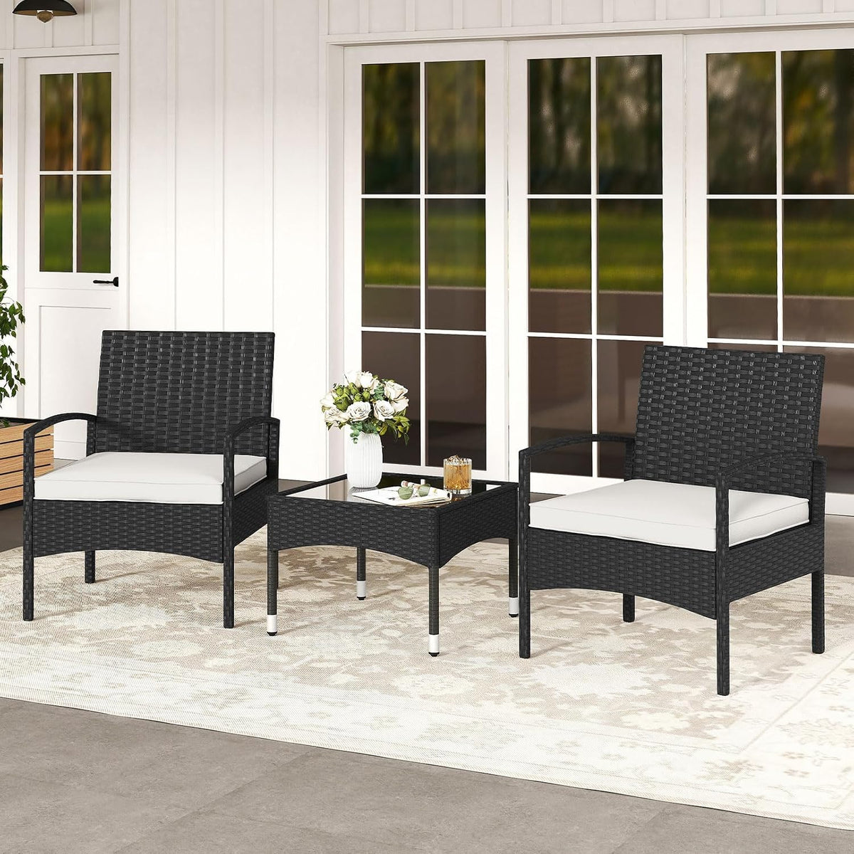 RELAX4LIFE 3-Piece Patio Furniture Set - Rattan Conversation Set, Wicker Bistro Set w/2 Chairs, Glass Coffee Table, Steel Frame, Outdoor Chairs Set for Yard Balcony, Front Porch Furniture (Off White)
