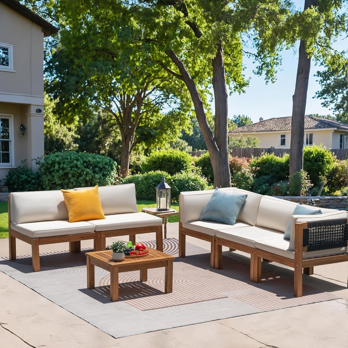 Greesum 6 Pieces Small Patio Sofa, Acacia Wood Frame, Padded Patio Conversation and Chairs Set for Garden, Backyard, Poolside, Beige