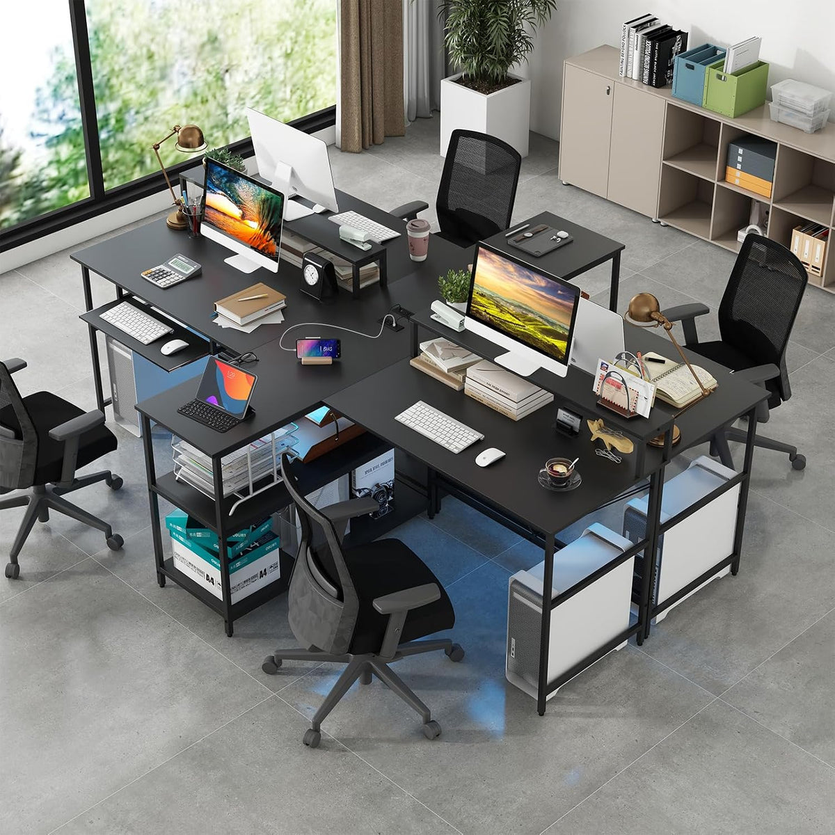 Tangkula 2-Person Reversible Computer Desk with LED Lights, 94.5' Long Office Desk with Power Outlets, Monitor Stand, Keyboard Tray & 2 Storage Shelves, Double Desk for Gaming Working Writing (Black)