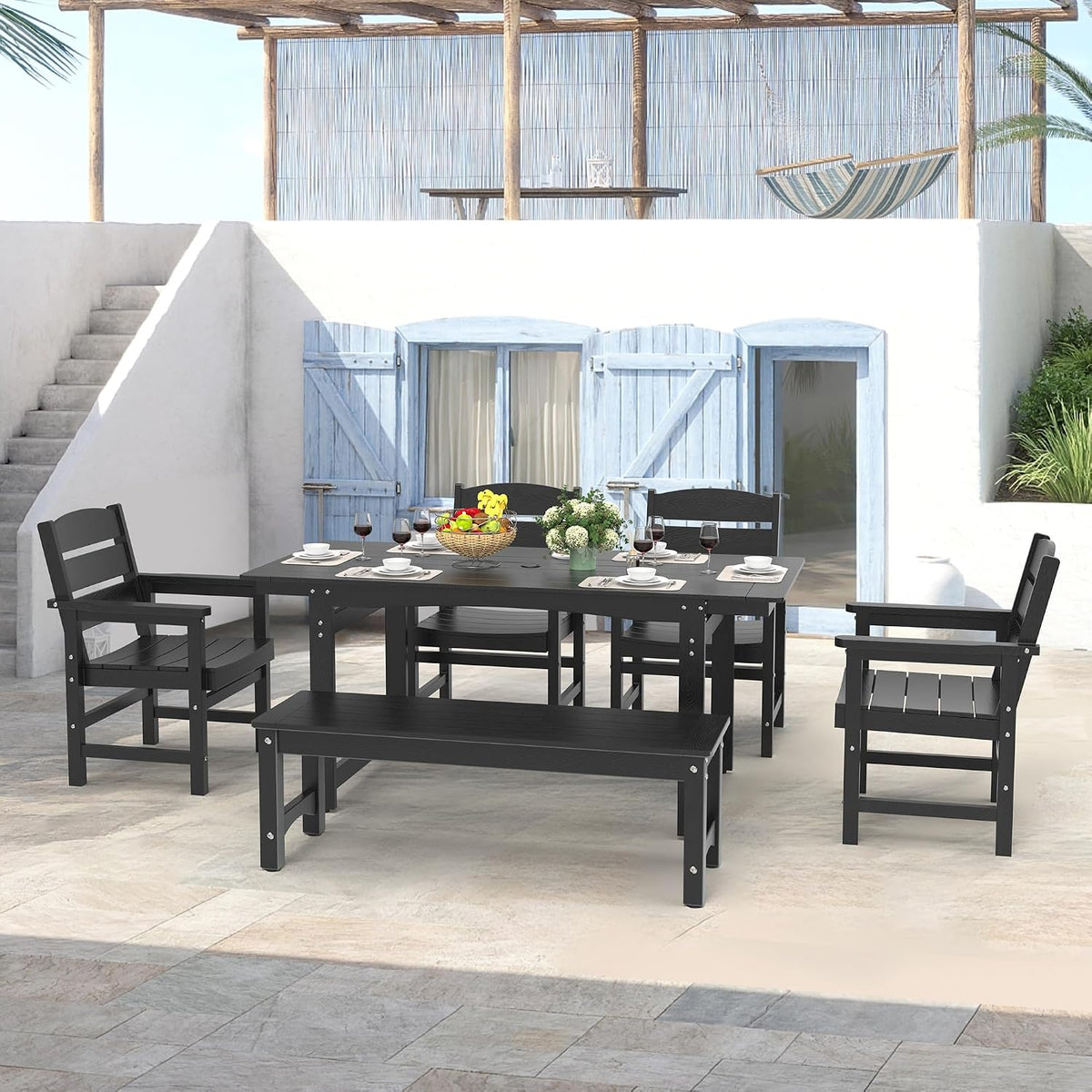 6-Piece HIPS Patio Dining Set, Outdoor Dining Table and Chairs Set with Umbrella Hole, Weatherproof Dining Table Set for 6 Person, Patio Furniture Set for Outside Deck, Black