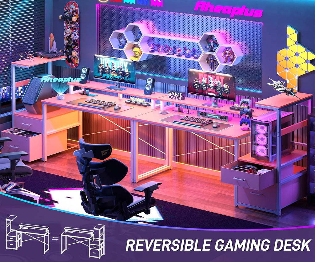Aheaplus Gaming Desk with LED Strip & Power Outlet, 59Inch Reversible Computer Desk with Monitor Stand & Storage Shelves, Home Office Desks with Fabric File Drawer, Gamer Table PC Desk, Pink
