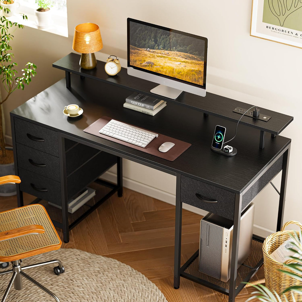 Huuger 55 inch Computer Desk with 4 Drawers, Gaming Desk with LED Lights & Power Outlets, Home Office Desk with Large Storage Space for Bedroom, Work from Home, Black