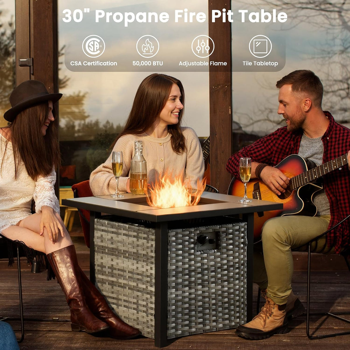 ovios 6 Pieces Patio Furniture Set with 30' Fire Pit Table, Outdoor Wicker Sofa with Comfy Cushions, All Weather High Back Rattan Couch Conversation Set, Orange Red