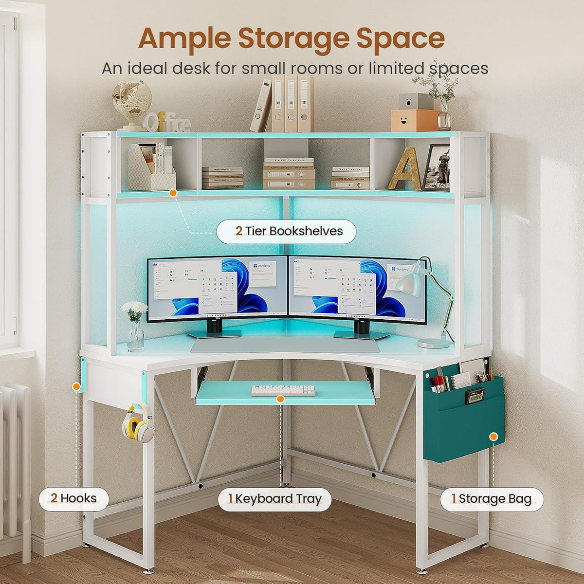 SEDETA Corner Desk, 39' W x 62' H Small Office Desk with Hutch & LED Lights, Triangle Gaming Computer Desk with Keyboard Tray, Storage Bag, and Headphone Hook for Small Space, White