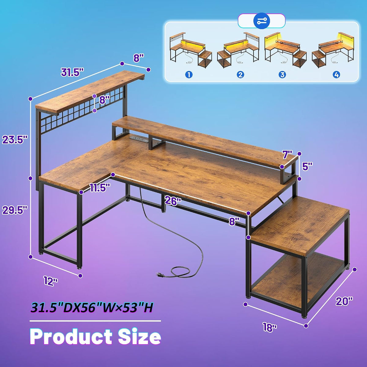 DurayLoly Gaming Desk with Shelves & Hooks, 56' L Shaped Computer Desk with LED Lights & Power Outlets & Monitor Stand and Printer Space for Home Office, Study Room, Bedroom, Rustic Brown