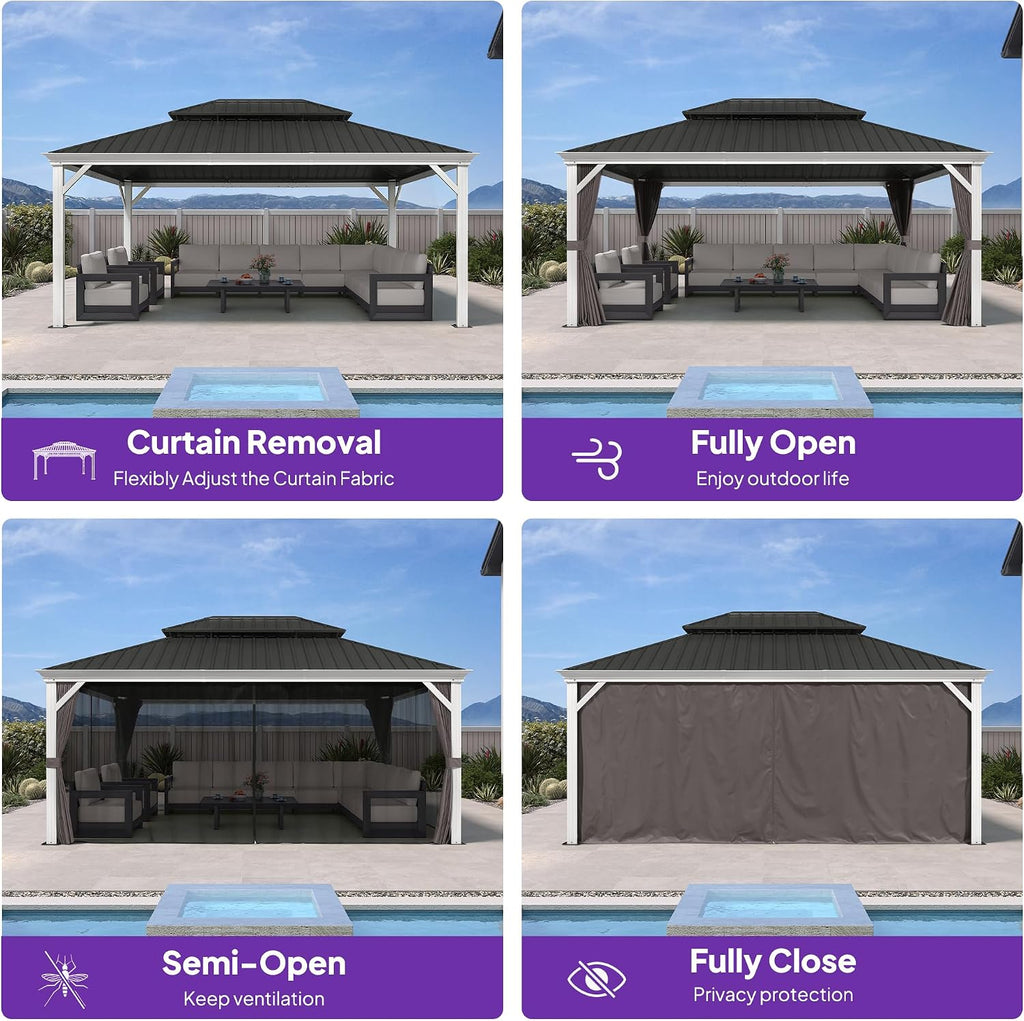 PURPLE LEAF 13' X 17' Hardtop Gazebo with Double Galvanized Steel Roof Awning and Upgrade Curtain for Patio Lawn and Garden, Grey