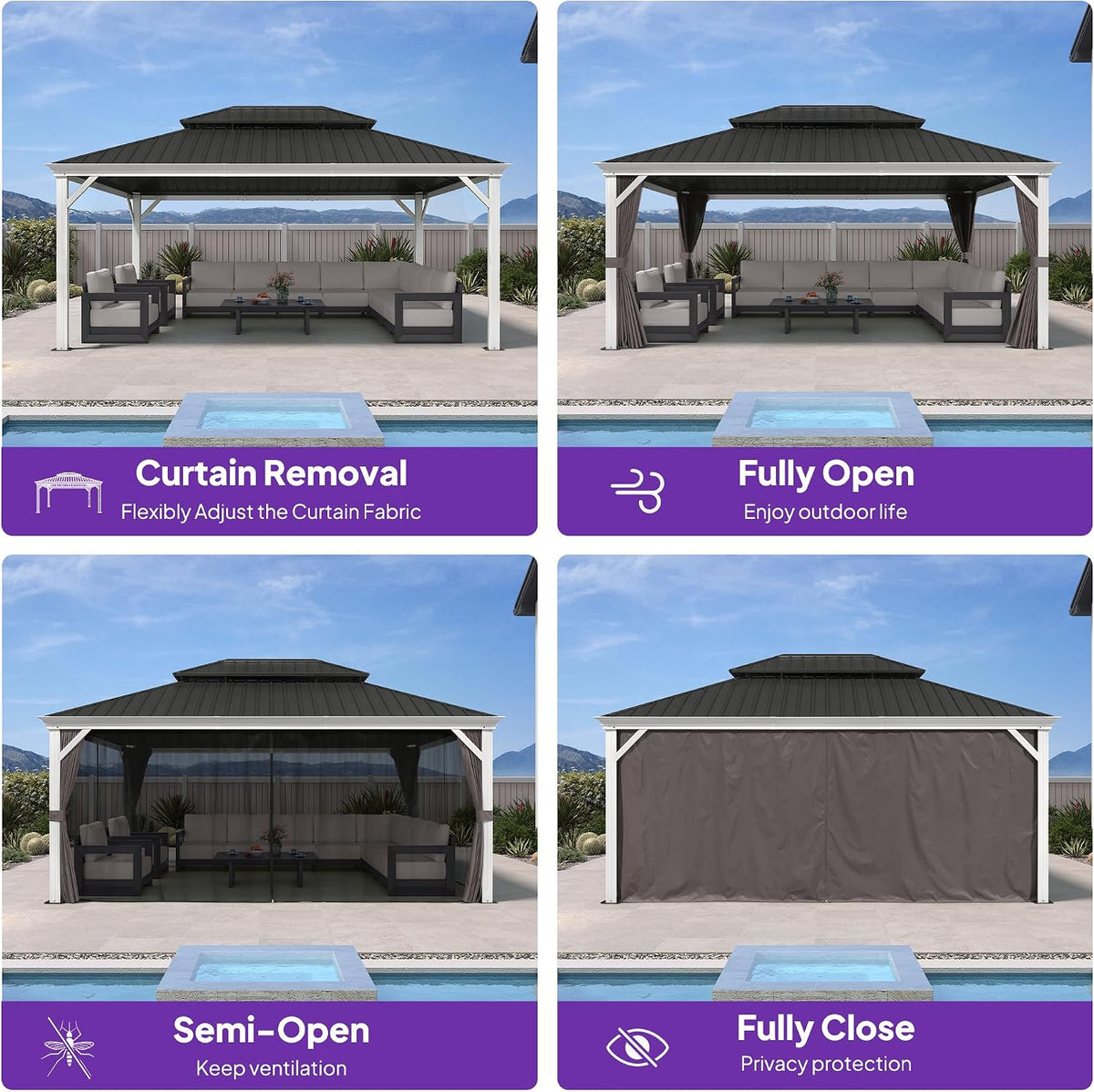 PURPLE LEAF 13' X 17' Hardtop Gazebo with Double Galvanized Steel Roof Awning and Upgrade Curtain for Patio Lawn and Garden, Grey