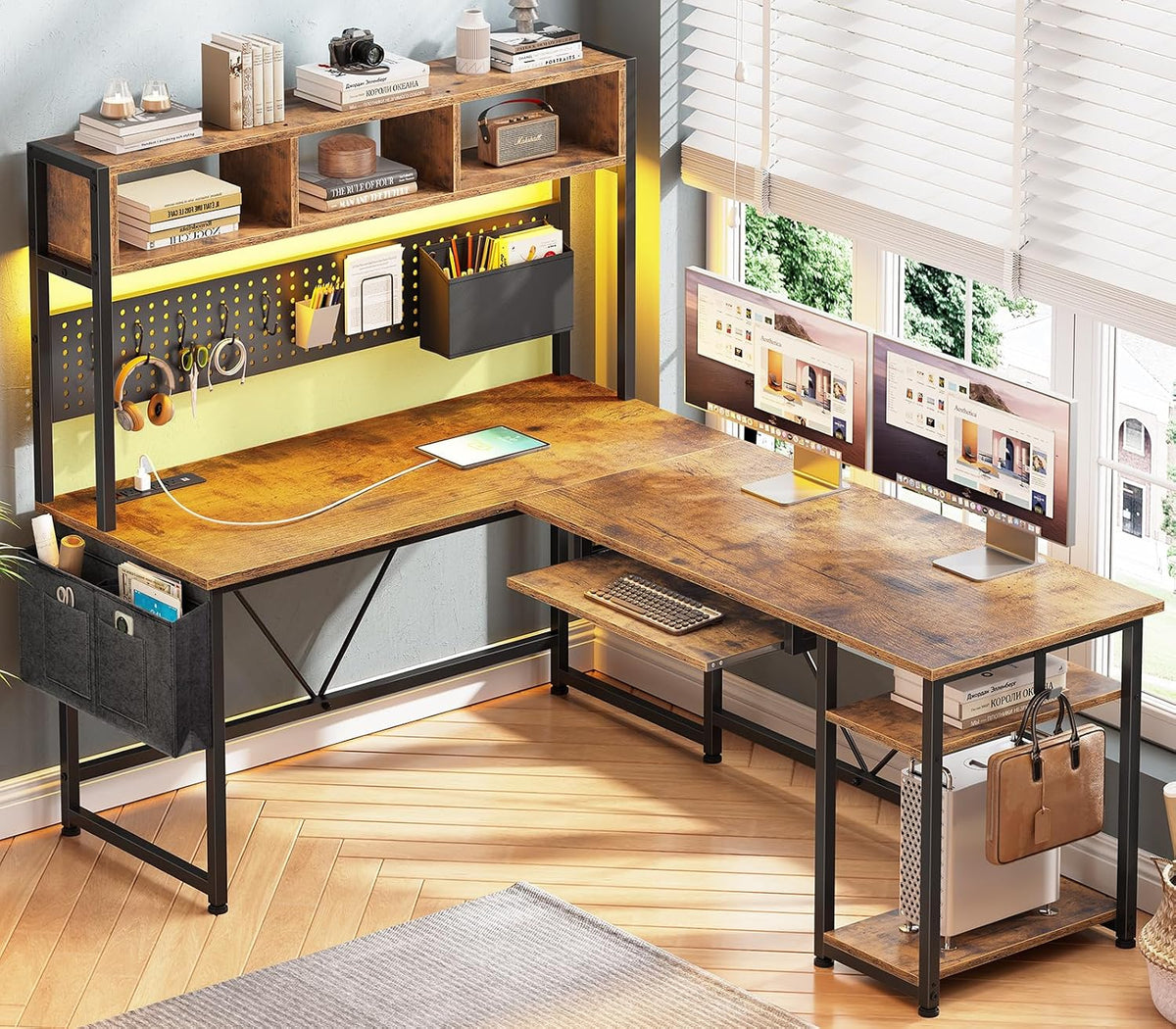 SEDETA L Shaped Gaming Desk with Hutch, 57.5' Reversible Corner Computer Desk with Storage Shelves, Gaming Desk with Pegboard, LED Lights, Power Outlet, Keyboard Tray (Rustic Brown)