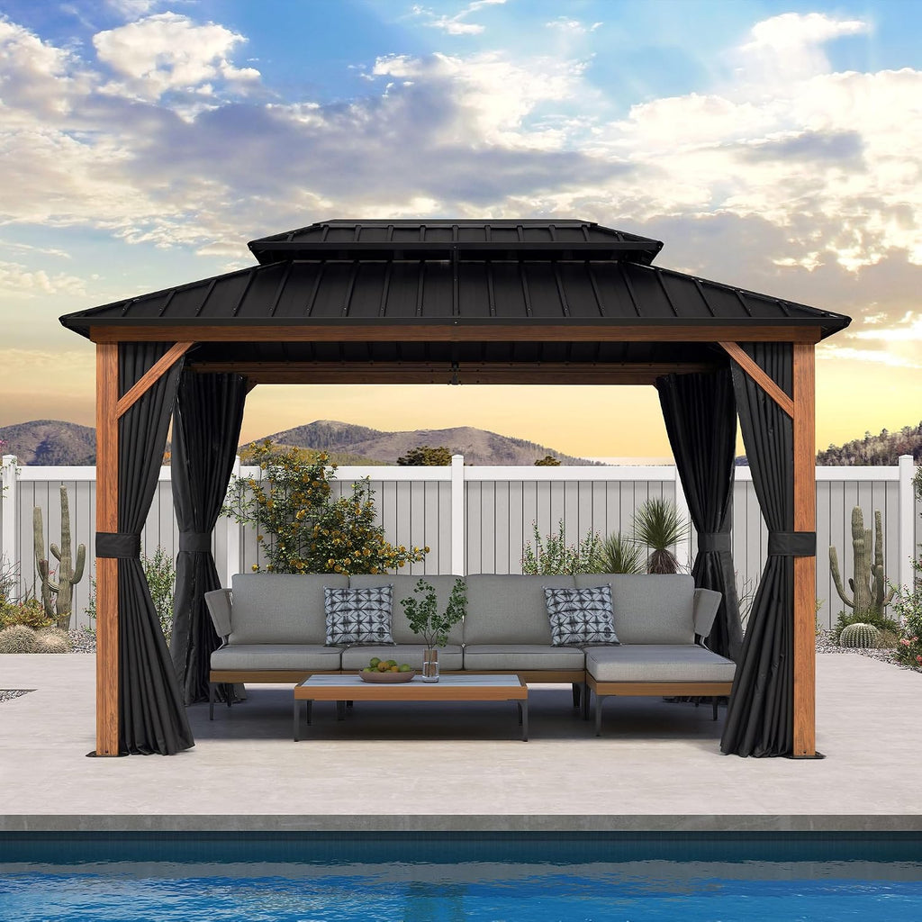PURPLE LEAF 8' X 12' Hardtop Gazebo Outdoor Wood Grain Aluminum Frame Galvanized Steel Double Roof Gazebos with Netting and Curtains for Patio Deck Backyard Garden