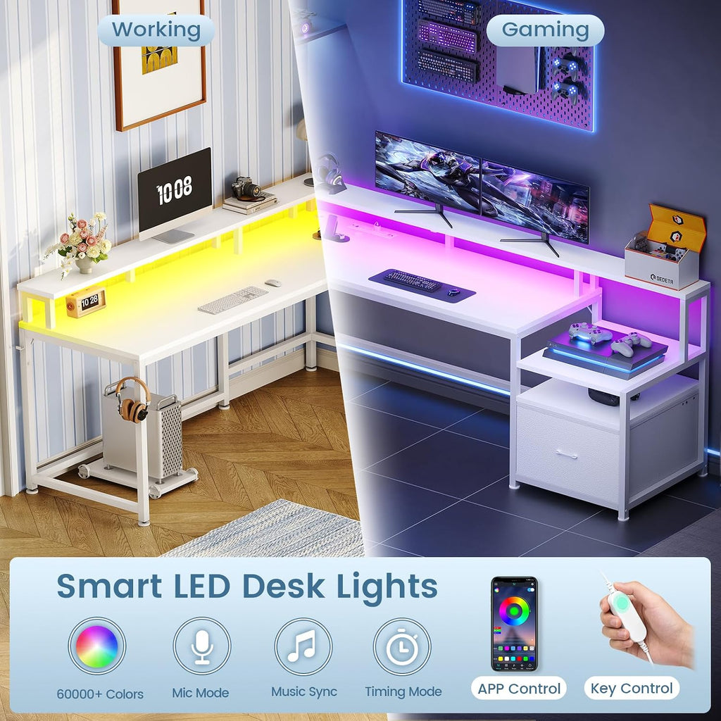 SEDETA 66' L Shaped Desk with Power Outlet, Reversible Home Office Computer Desk with File Drawer & Monitor Shelf, Storage Shelves, LED Lights for Corner Small Spaces, White