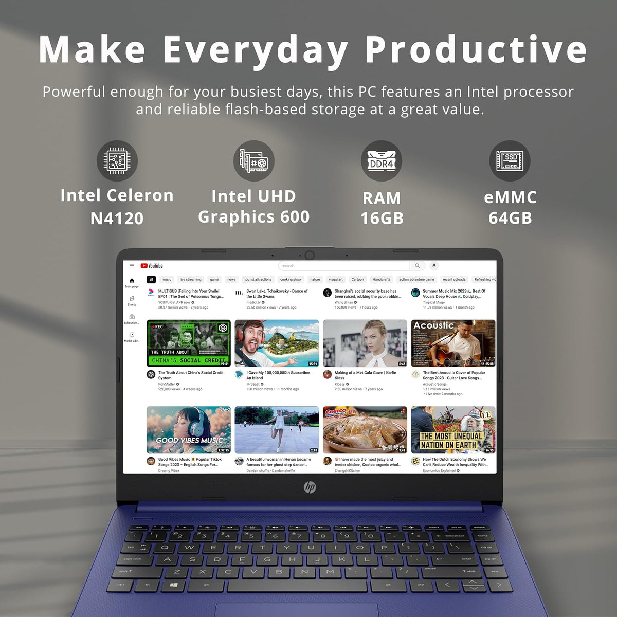 HP Stream 14' HD BrightView Laptop, Intel Celeron N4120 Processor, 16GB RAM, 64GB SSD, Intel UHD Graphics, 720p Webcam, WiFi, HDMI, Win 11 S, Blue (Renewed)