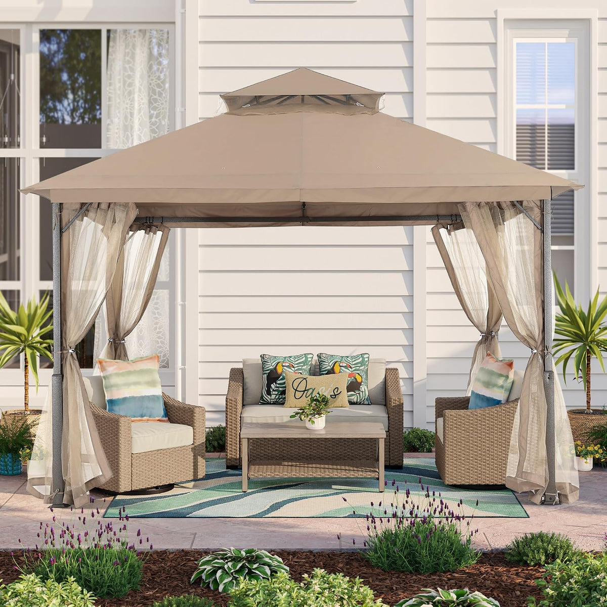 MASTERCANOPY Outdoor Patio Gazebo with Double Roofs, Stable Steel Frame and Mosquito Netting (11x11,Khaki)