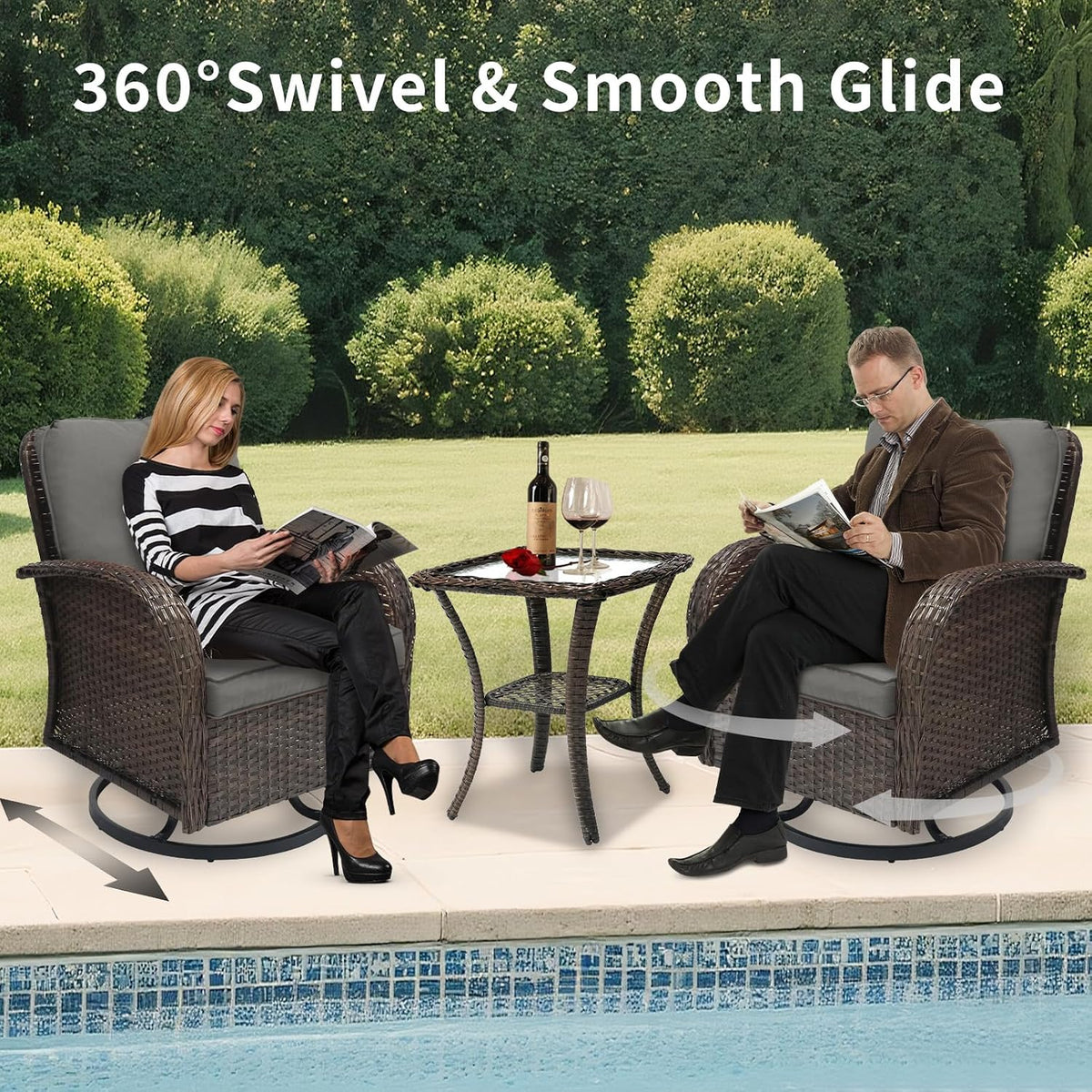 Outdoor Swivel Rocker Patio Chairs 3 Pieces，Swivel Patio Chairs with Cushions，Outdoor Swivel Rocking Chairs Set of 2 with Rattan Side Table，Patio Furniture Set for Outside Porch Deck