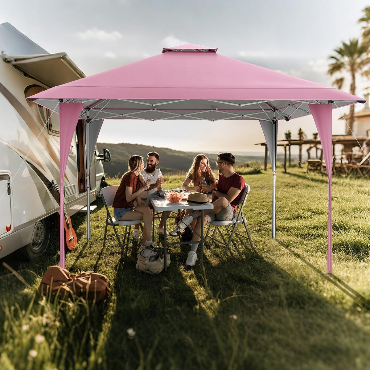 Tangkula 13x13 FT Pop Up Gazebo, UPF50+ Outdoor Sunshade Shelter with Carrying Bag, 8 Stakes, 4 Wind Ropes, Foldable Outdoor Gazebo for Beach Party Event Camping (Pink)