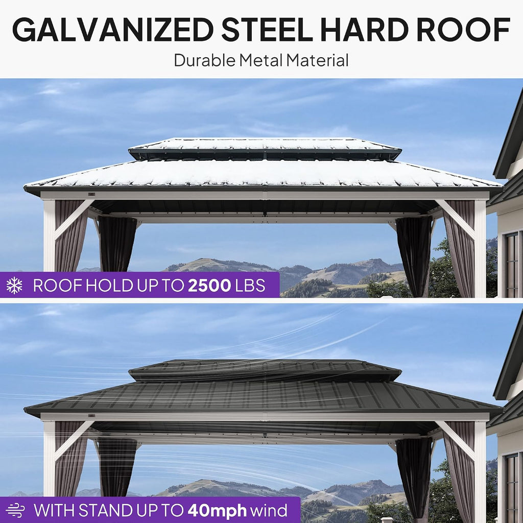 PURPLE LEAF 8' X 14' Hardtop Gazebo Metal Double Roof White Aluminum Frame Outdoor Heavy Duty Gazebo with Curtain and Netting for Patio Garden and Backyard, Grey