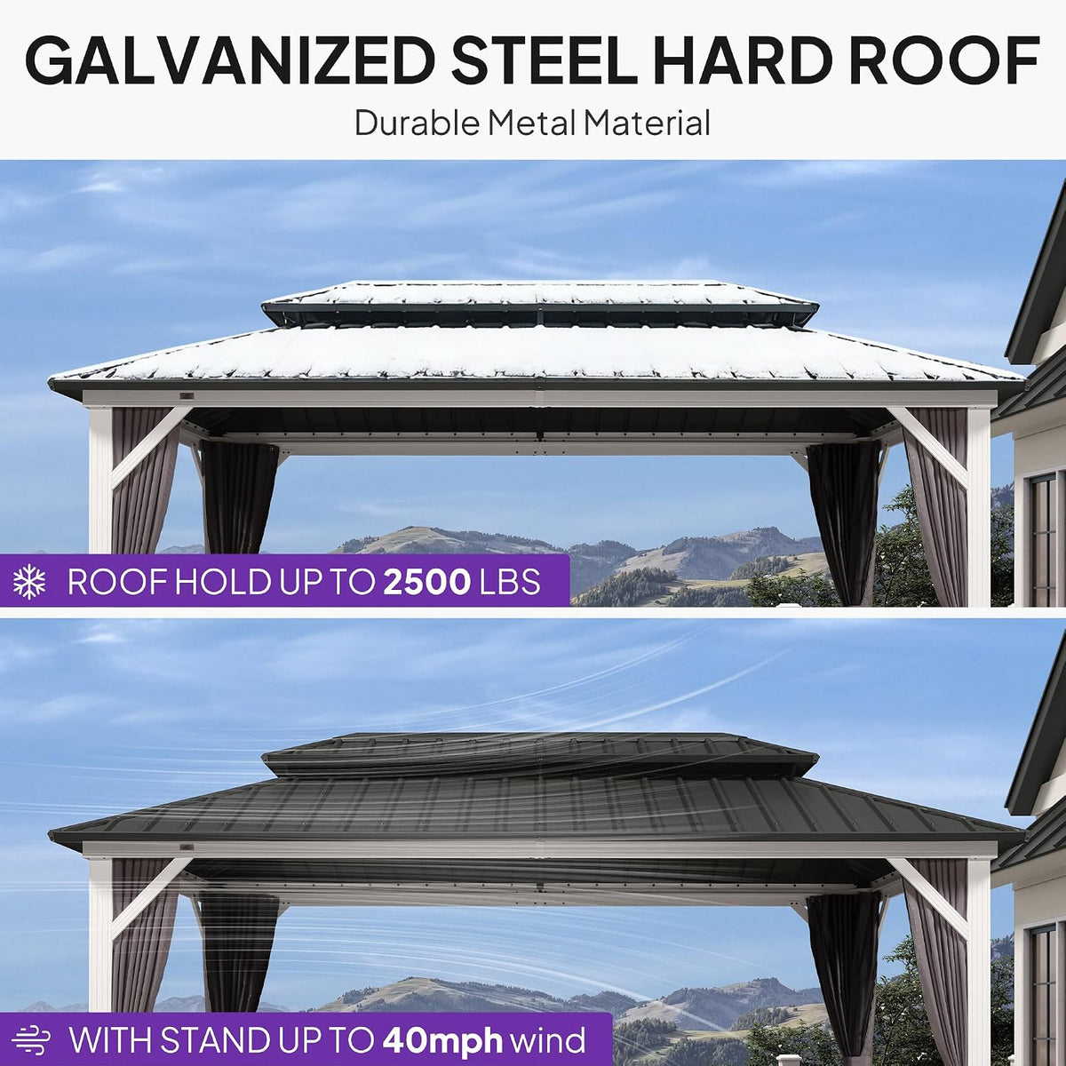 PURPLE LEAF 8' X 14' Hardtop Gazebo Metal Double Roof White Aluminum Frame Outdoor Heavy Duty Gazebo with Curtain and Netting for Patio Garden and Backyard, Grey