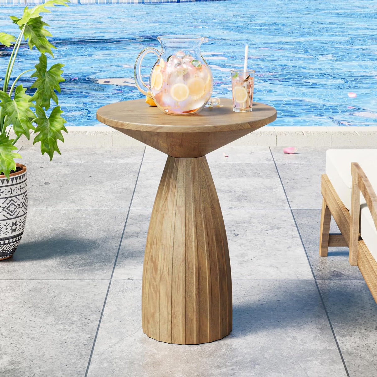 Round Small Patio Side Table Set of 2, Patio Furniture Accent End Table, Metal Steel Outdoor Side Table, for Garden, Pool, Yard, Balcony, Living Room, Deck, Weather Resistant, No Assembly, Wood Color