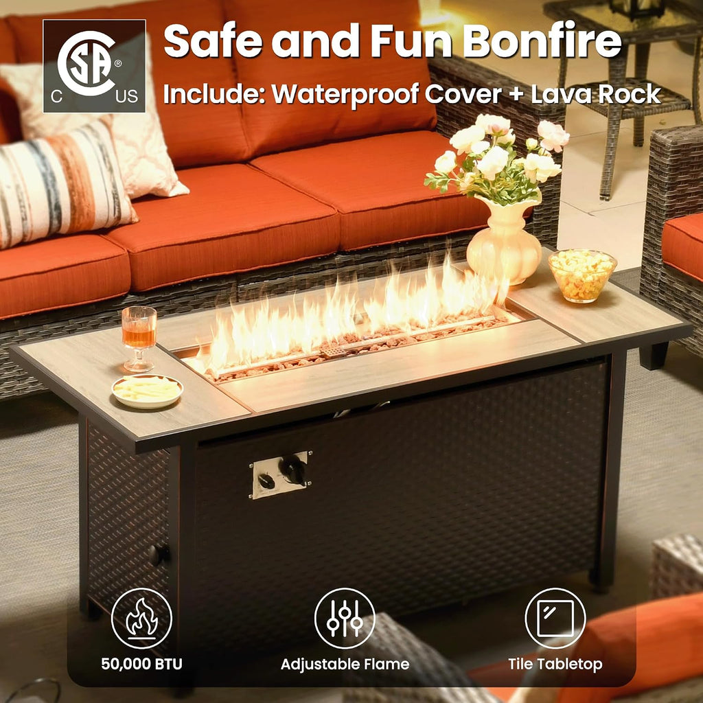 ovios 6 Pieces Patio Furniture Set with 54' Fire Pit Table, Outdoor Wicker Sofa with Comfy Cushions, All Weather High Back Rattan Couch Conversation Set, Orange Red