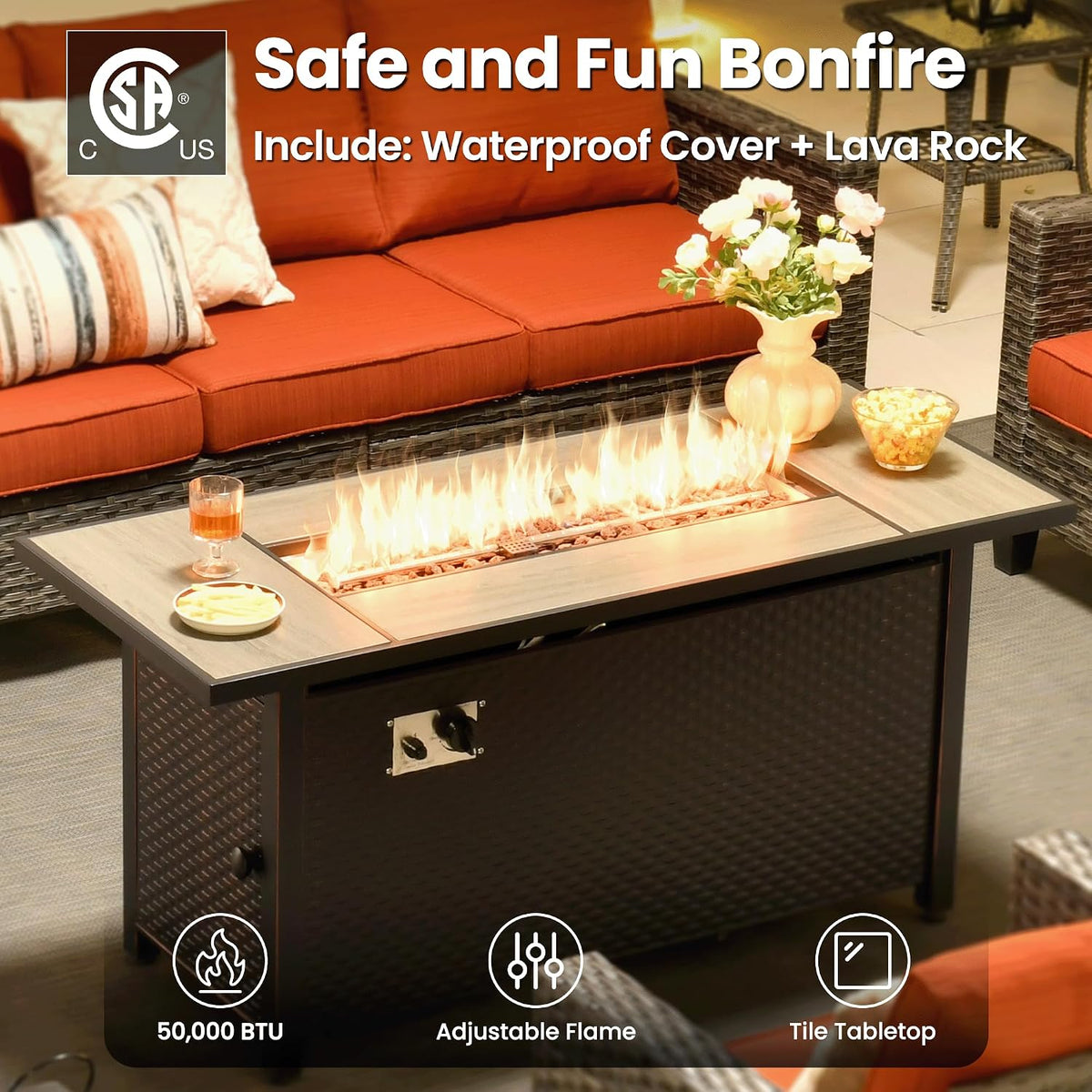 ovios 7 Pieces Patio Furniture Set with 54' Fire Pit Table, Outdoor Wicker Sofa with Comfy Cushions, All Weather High Back Rattan Couch Conversation Set, Orange Red