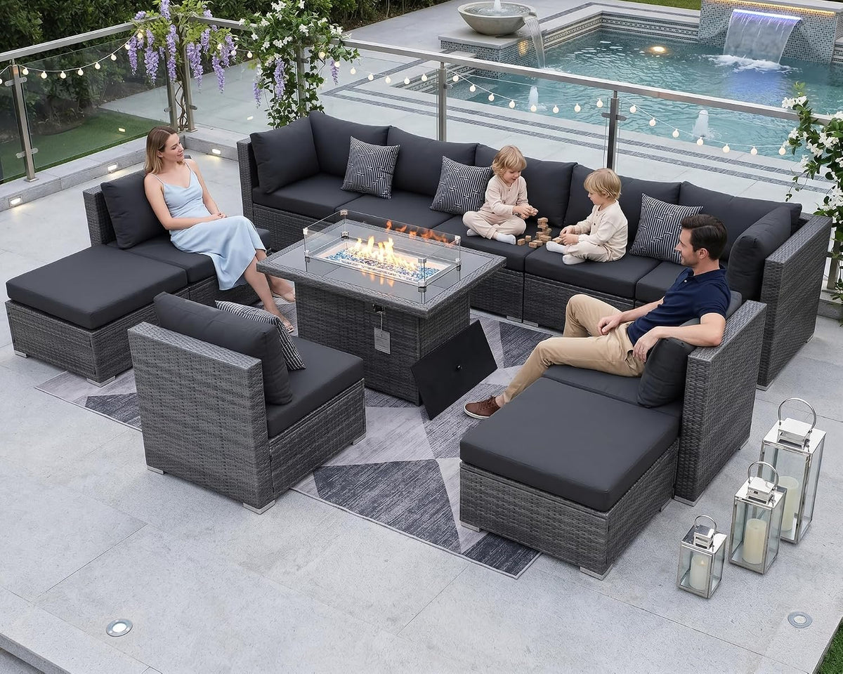 NICESOUL 11 Piece Extra Large Outdoor Furniture Sofa Set, Deep Wide PE Wicker Patio Modular Sectional with Fire Pit Table, 29.3'' High Back Modern Luxury All-Weather Rattan Conversation, Gray