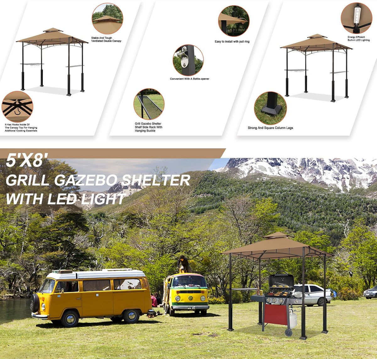 Eurmax USA 5x8 Grill Gazebo Shelter for Patio and Outdoor Backyard BBQ's, Double Tier Soft Top Canopy and Steel Frame with Bar Counters, Bonus LED Light X2(Khaki)
