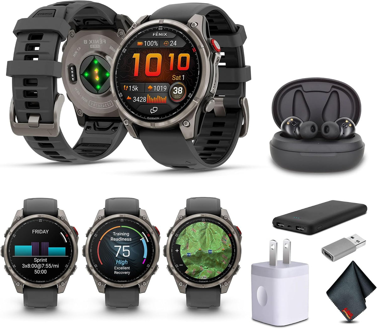 Garmin Fenix 8 Pro 47mm, inReach Technology, AMOLED Display, Premium Connected Multisport GPS Smartwatch, Sapphire, Titanium with Graphite/Black Silicone Band, Fitness Smart Watch Bundle