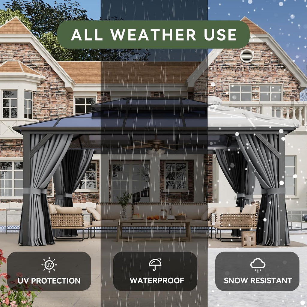 Aoxun 12'x16' Hardtop Gazebo, Aluminum Frame Permanent Pavilion with Curtains and Netting, Outdoor Polycarbonate Double Roof Canopy, Designed for Garden, Lawns, Patio