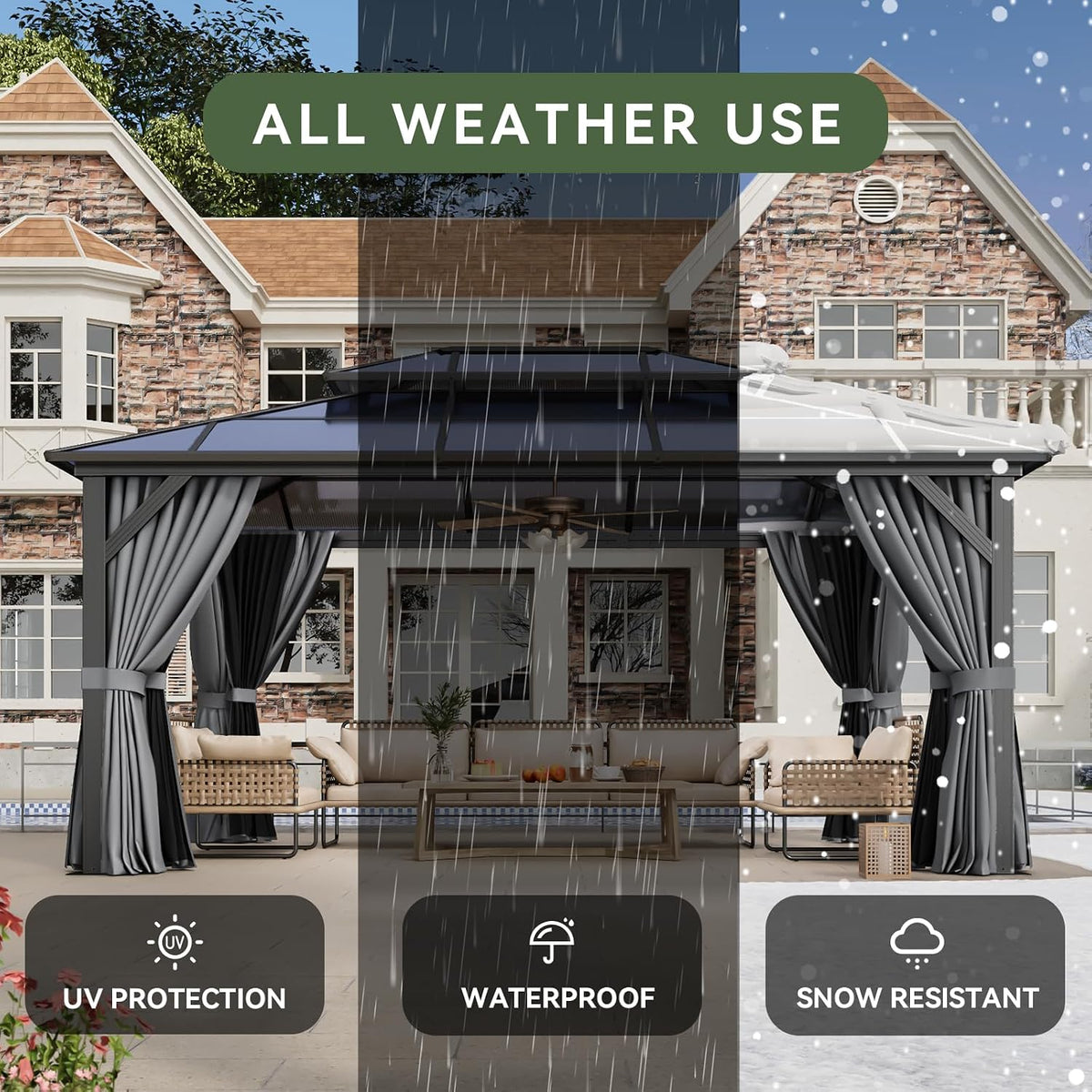 Aoxun 12'x16' Hardtop Gazebo, Aluminum Frame Permanent Pavilion with Curtains and Netting, Outdoor Polycarbonate Double Roof Canopy, Designed for Garden, Lawns, Patio