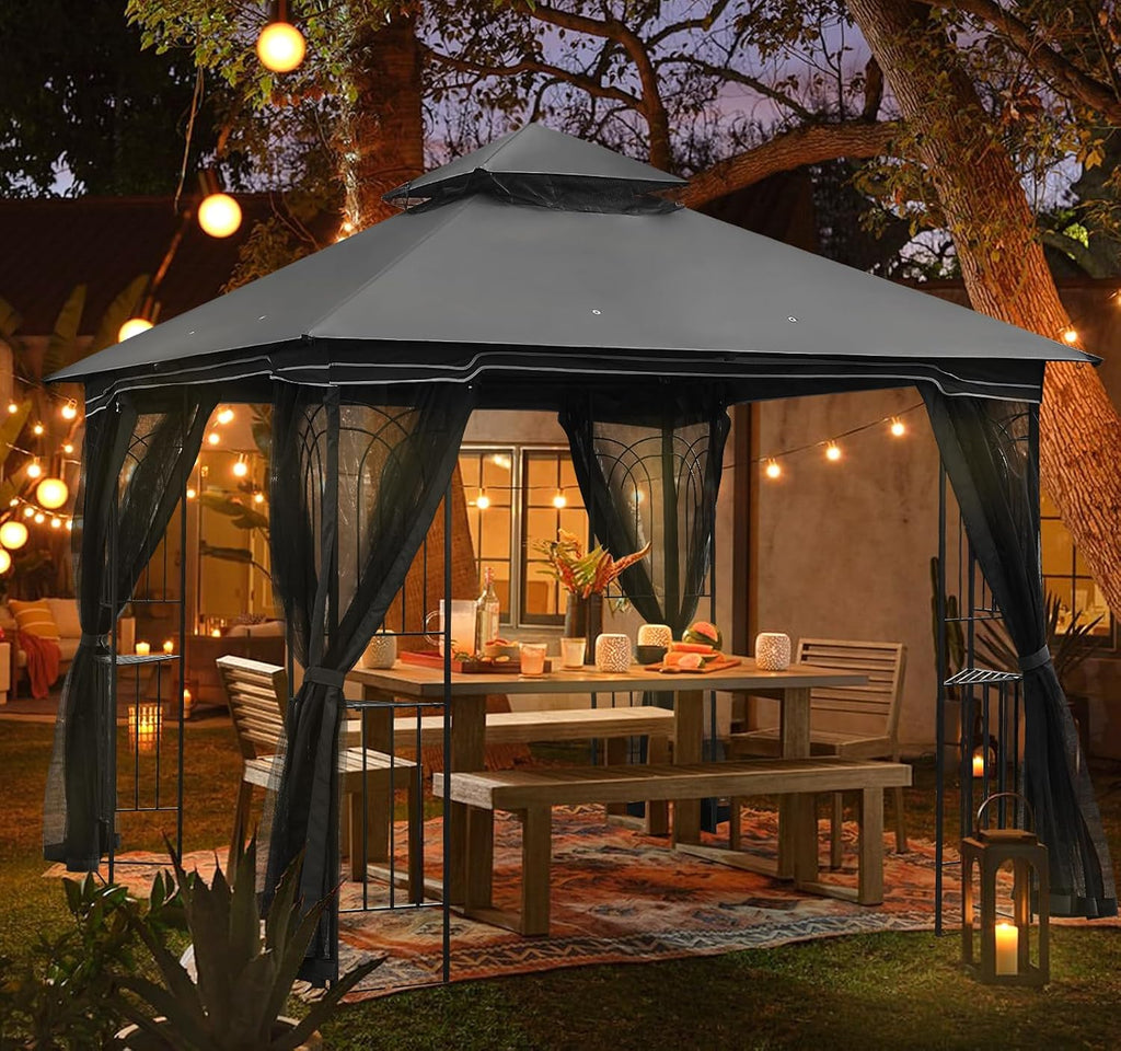 ECOTOUGE Outdoor Gazebo 10'x10', Heavy Duty Canopy Tent with Soft Double Roofs & Metal Corner Frame Shelves, Party Tent Shelter with Mosquito Netting for Patio, Deck, Backyard, Grey