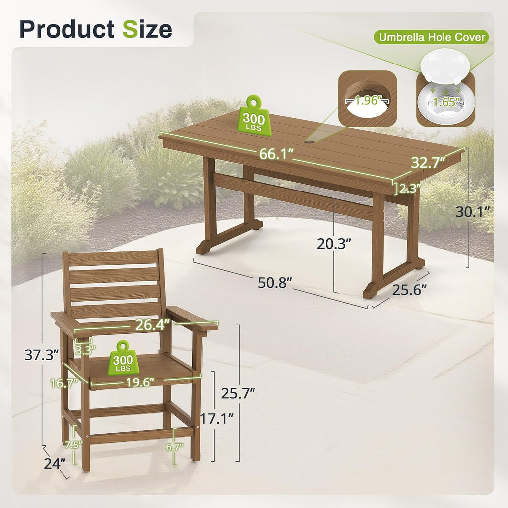 5 Piece Outdoor Dining Set, HDPS Patio Table and Chairs Set, 66' Patio Table with 1.96' Umbrella Hole & 4 Chairs, All Weather Furniture for Garden, Backyard, Poolside (Brown)
