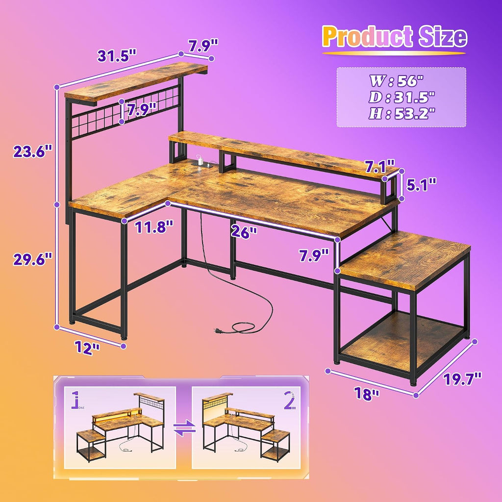 EnHomee 56' Medium L Shaped Gaming Desk with LED & Power Outlets,Computer Desk with Monitor Stand & Print Stand for Home Office,Reversible Corner Gaming Table with Storage Shelf & Hooks,Rustic Brown