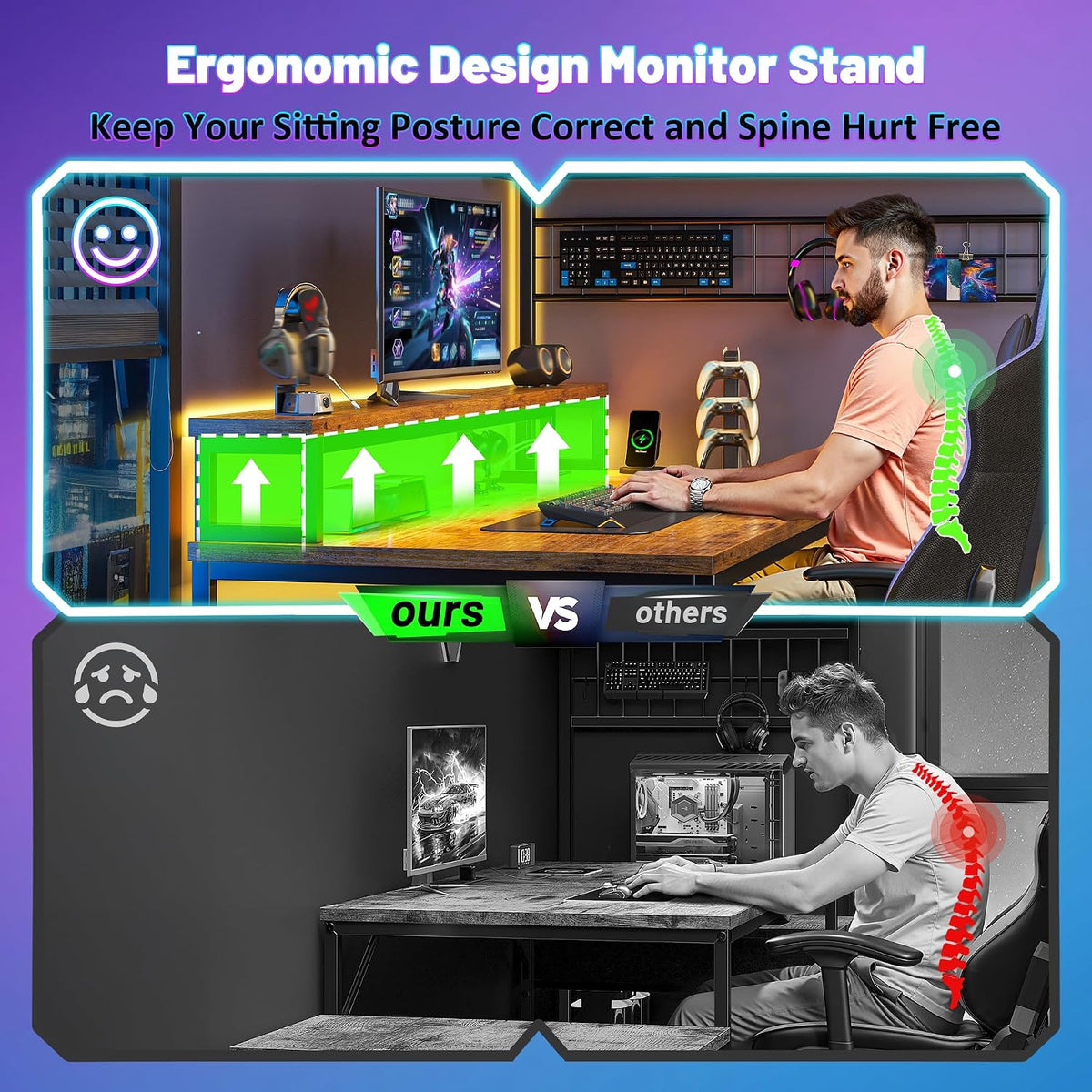DurayLoly Gaming Desk with Shelves & Hooks, 56' L Shaped Computer Desk with LED Lights & Power Outlets & Monitor Stand and Printer Space for Home Office, Study Room, Bedroom, Rustic Brown