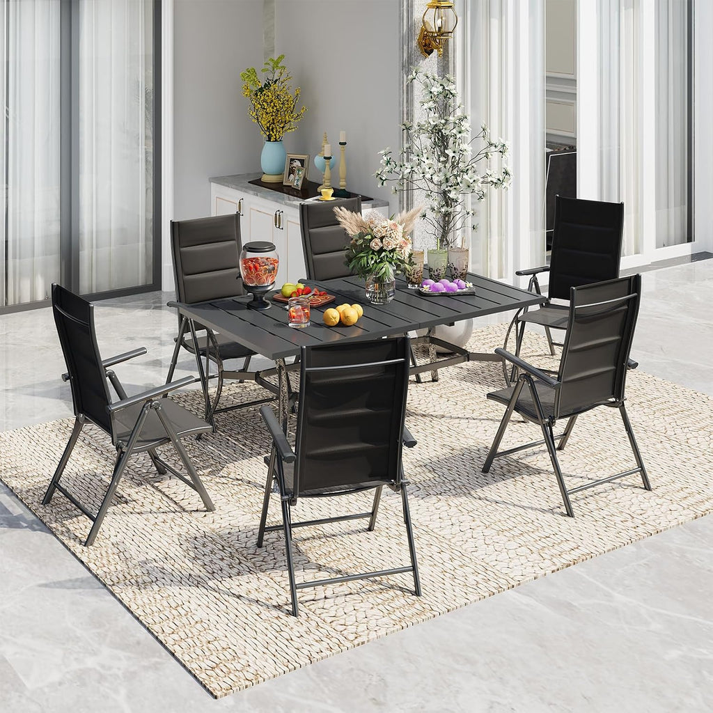 BUPPLEE 7-Piece Outdoor Dining Set with 6 Padded Aluminum Foldable Chairs & Rectangular Table with Umbrella Hole - Patio Furniture for Backyard, Balcony, Poolside