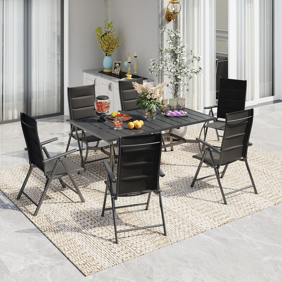 BUPPLEE 7-Piece Outdoor Dining Set with 6 Padded Aluminum Foldable Chairs & Rectangular Table with Umbrella Hole - Patio Furniture for Backyard, Balcony, Poolside