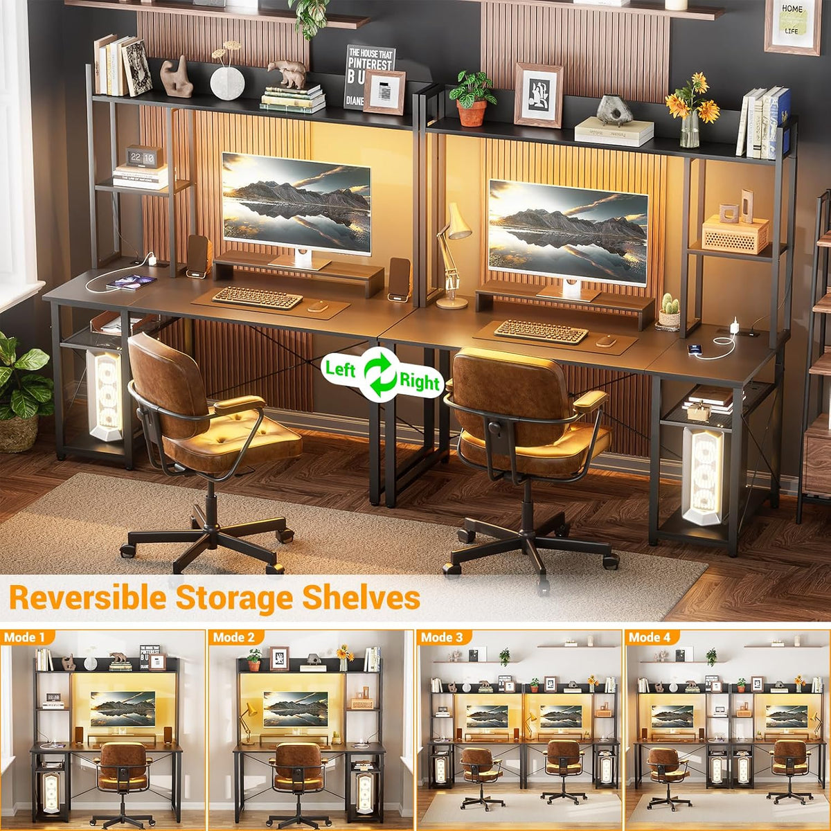 Cyclysio Gaming Desk with Hutch, 47'' Computer Desk with LED Lights & Power Outlets, Home Office Desk with Reversible 5 Tiers Storage Shelves & Monitor Stand, Small Gaming Table for Small Space, Black