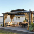 HOTEEL 10x15 Hardtop Gazebo with Flame-Retardant Curtain & Netting, Hot Tub Gazebo with Galvanized Steel Double Roof, Heavy Duty Permanent Pavilion Outdoor for Patio, Frame Thickened, Brown