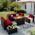 8 Pieces Outdoor Patio Furniture Set with 44' Fire Pit Table Black Rattan Sectional Conversation Sets w/Gas Fire Pit, Coffee Table, 1 Waterproof Covers, Wine red