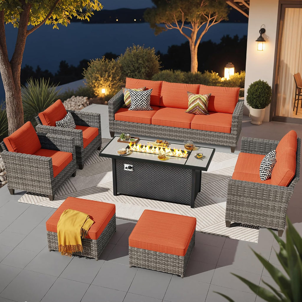 ovios 7 Pieces Patio Furniture Set with 54' Fire Pit Table, Outdoor Wicker Sofa with Comfy Cushions, All Weather High Back Rattan Couch Conversation Set, Orange Red
