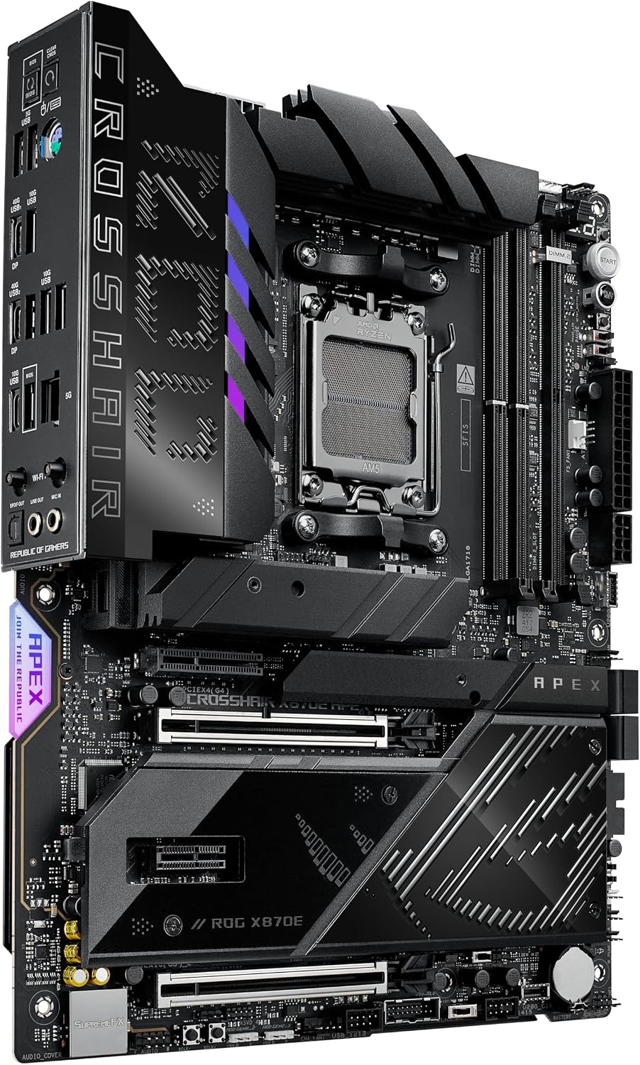 ASUS ROG Crosshair X870E APEX AMD X870E AM5 ATX Motherboard, Advanced AI PC-Ready, 18+2+2 Stages, DDR5, ROG Memory Fan, ROG DIMM.2 Card, Wi-Fi 7, 5G LAN, 3X M.2, PCIe® 5.0, USB4®, USB Type-C®, AI OC