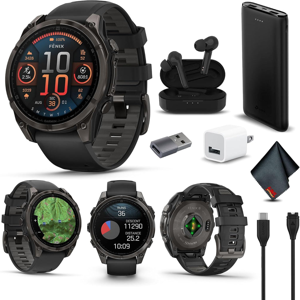 Garmin Fenix 8 47MM AMOLED Sapphire Premium Multisport GPS Smartwatch Carbon Gray DLC Titanium with Black Gray Silicone Band, Built-in LED Flashlight, Fitness & Health Smart Watch Bundle for Men
