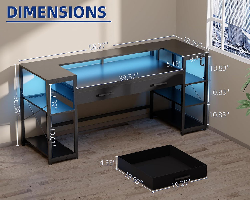 Pamray 58 Inch Computer Desk with Monitor Stand and Shelves Gaming Desk with LED Lights & Power Outlets PC Vanity Table with 2 Drawers for Home Office Black