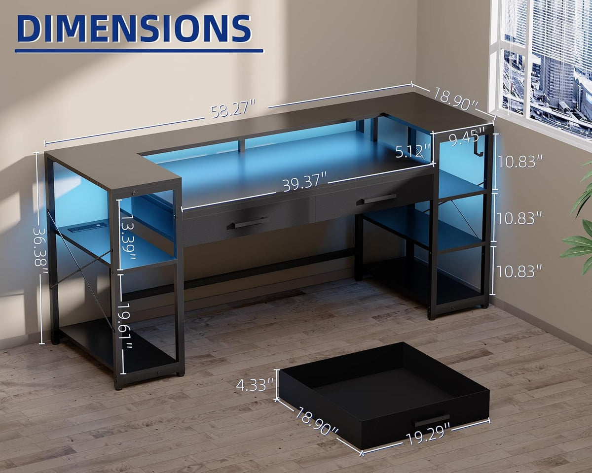 Pamray 58 Inch Computer Desk with Monitor Stand and Shelves Gaming Desk with LED Lights & Power Outlets PC Vanity Table with 2 Drawers for Home Office Black