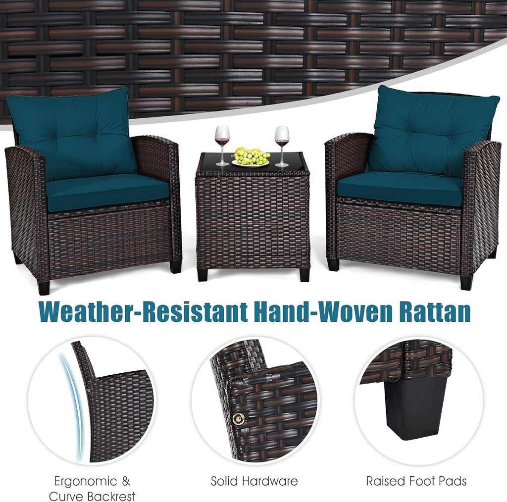 HAPPYGRILL 3 Pieces Patio Conversation Set, Outdoor Furniture Set PE Rattan Sofa Set with Removable Cushions, PE Wicker Chairs with Tempered Glass Side Table for Porch Lawn Garden Balcony Backyard