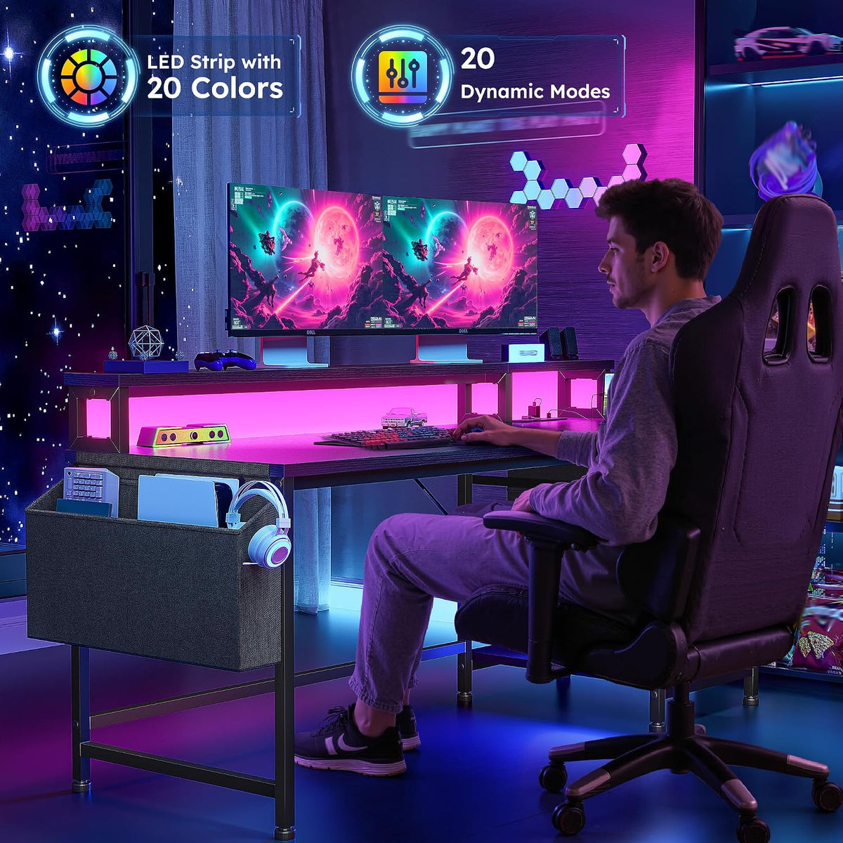 DurayLoly 55' Computer Desk with Drawers & Storage Bag, Gaming Desk with Power Outlets and LED Lights, Office Desk with Monitor Stand for Bedroom Gaming Room, Study Work Home Office, Black