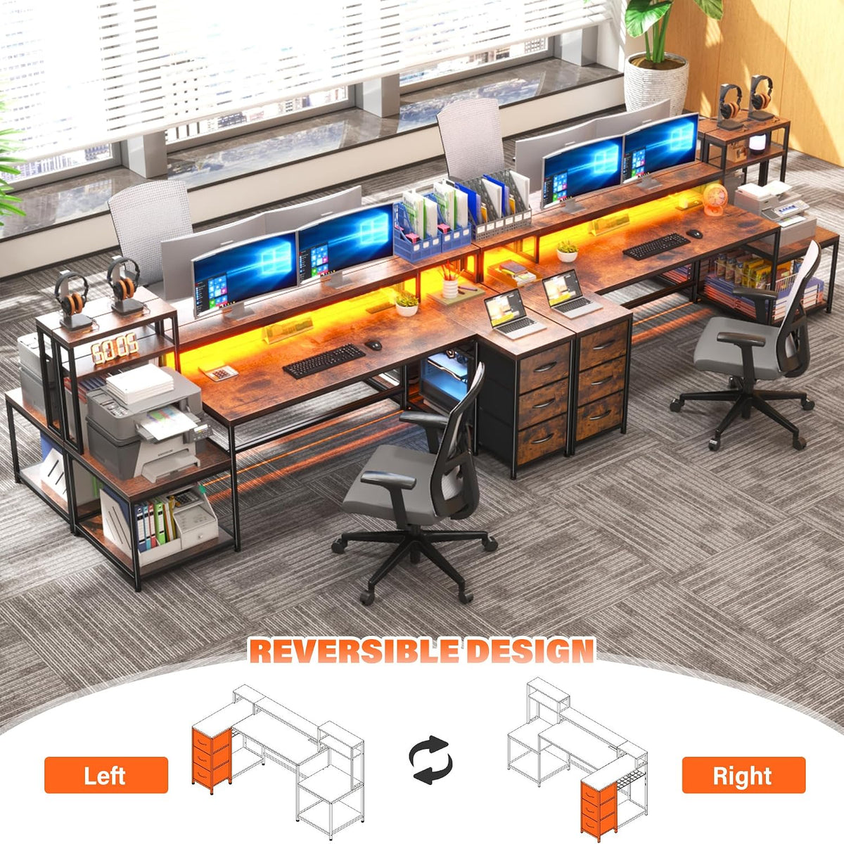 EnHomee 71' L Shaped Computer Desk with 3 Drawers & Hutch,Reversible Gaming Desk with LED Lights & Power Outlet,Home Office Desks with Monitor Stand & Printer Shelf for Student School Rustic Brown